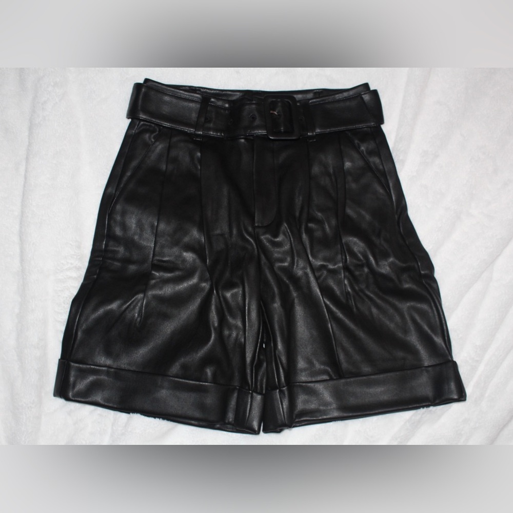 INC International Concepts Faux-Leather Paperbag-Waist Shorts, XS, Deep Black)